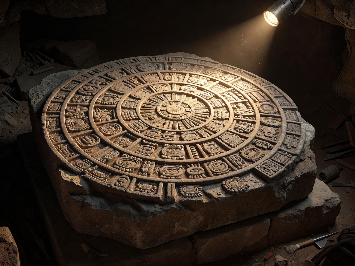 Hand-carved Aztec calendar stone shining under a focused archaeological spotlight