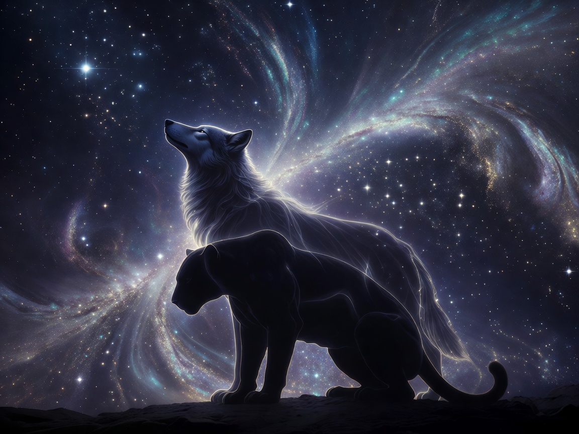 A spirit wolf and jaguar silhouette overlapping under an ancient celestial sky