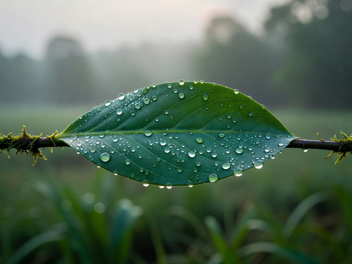 A serene green leaf catching dew drops representing calm and balance