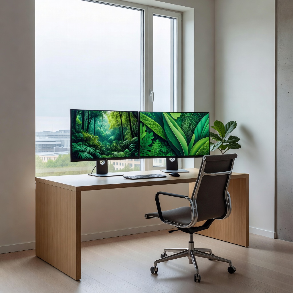 A modern sleek design studio workspace with dual monitors showing green jungle concepts