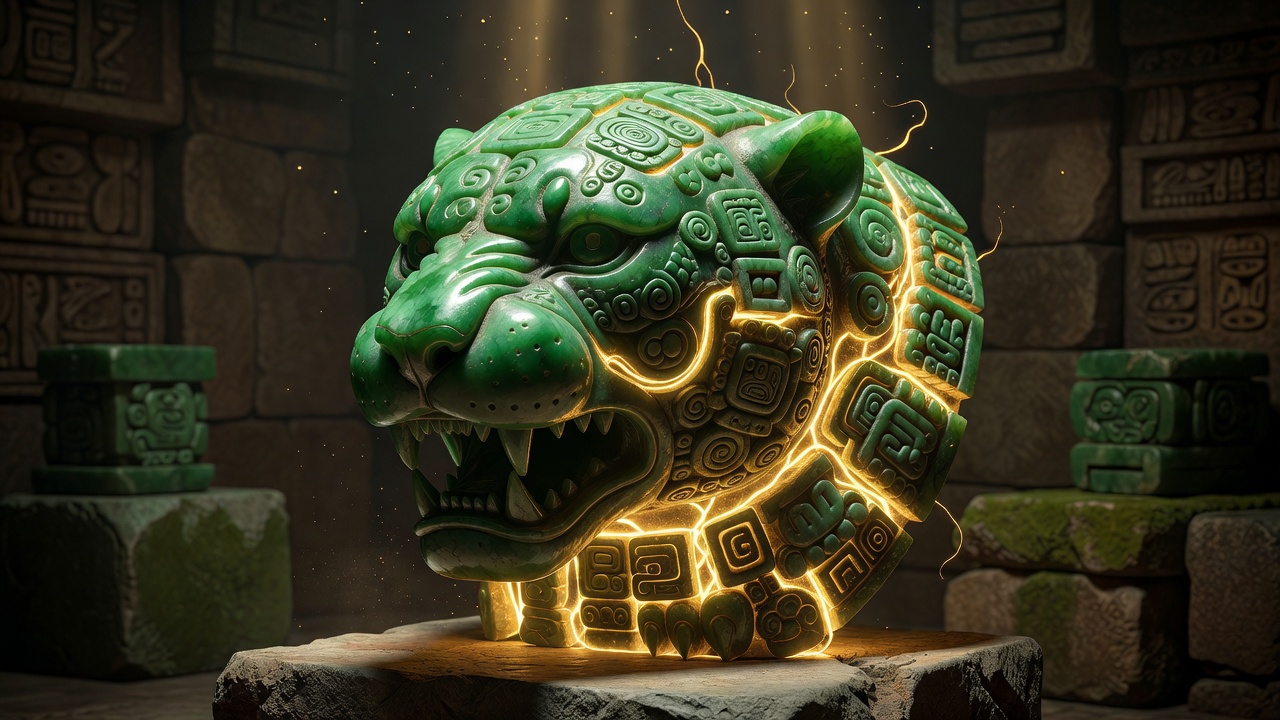 A brilliant green jade jaguar head carved with ancient Mesoamerican symbols glowing with golden energy
