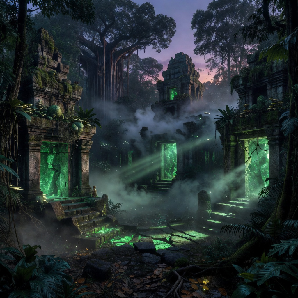 Atmospheric rendering of a misty jungle temple ruins at twilight with emerald lights