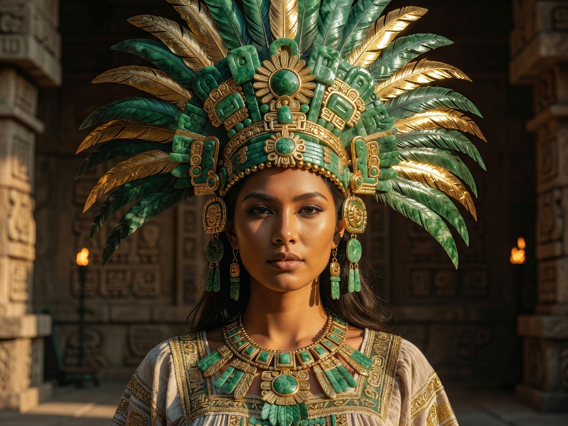 A beautiful Aztec empress portrait wearing custom jade and gold feathers