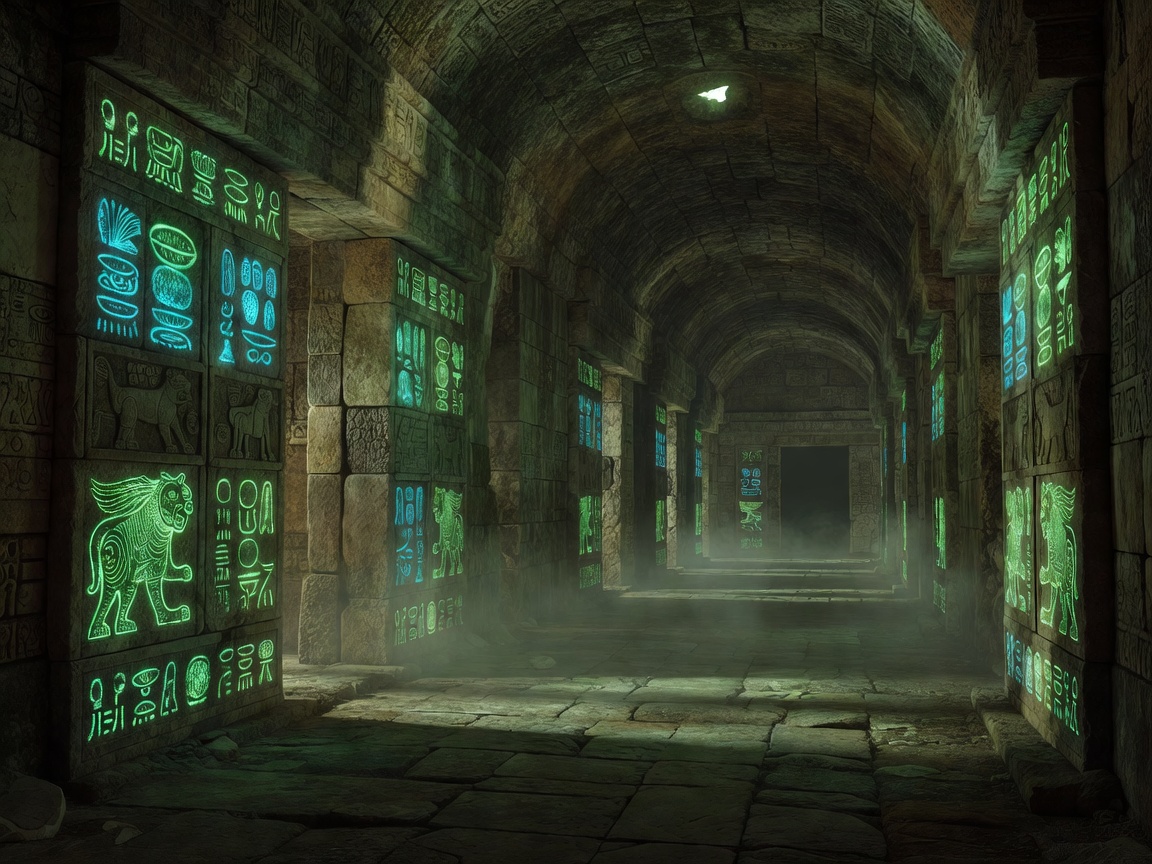 Deep structural Mayan tomb layout with glowing hieroglyphics on stone doors