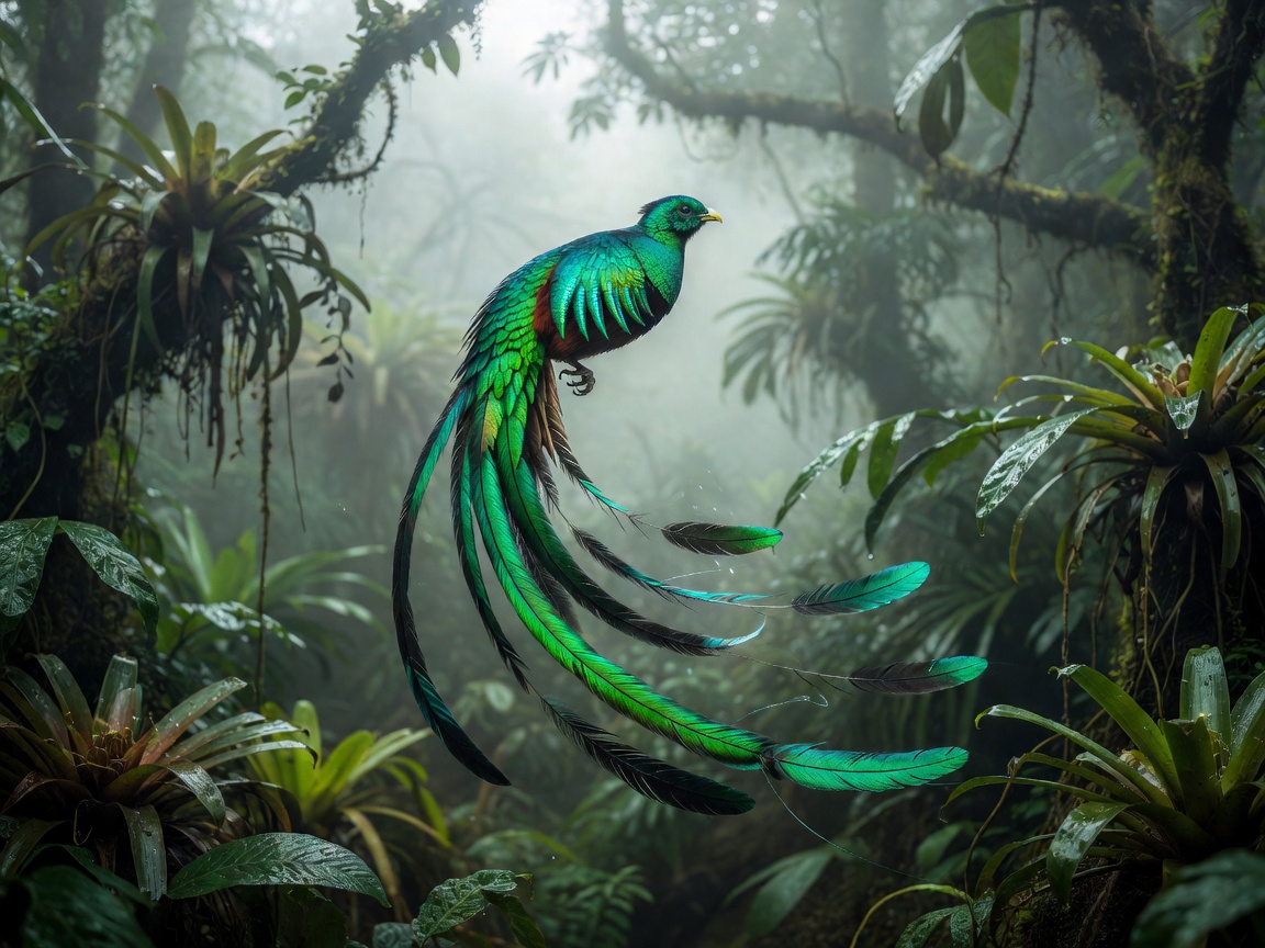 The feathers of a magnificent emerald green Quetzal bird falling in slow motion